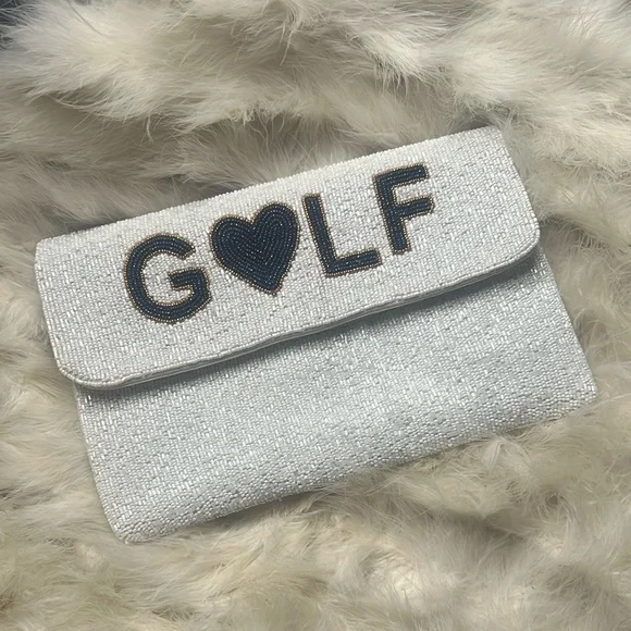 GOLF WIFEY New White & Blue Beaded Clutch Golfers Resort Country Club Vacation - Picture 12 of 16